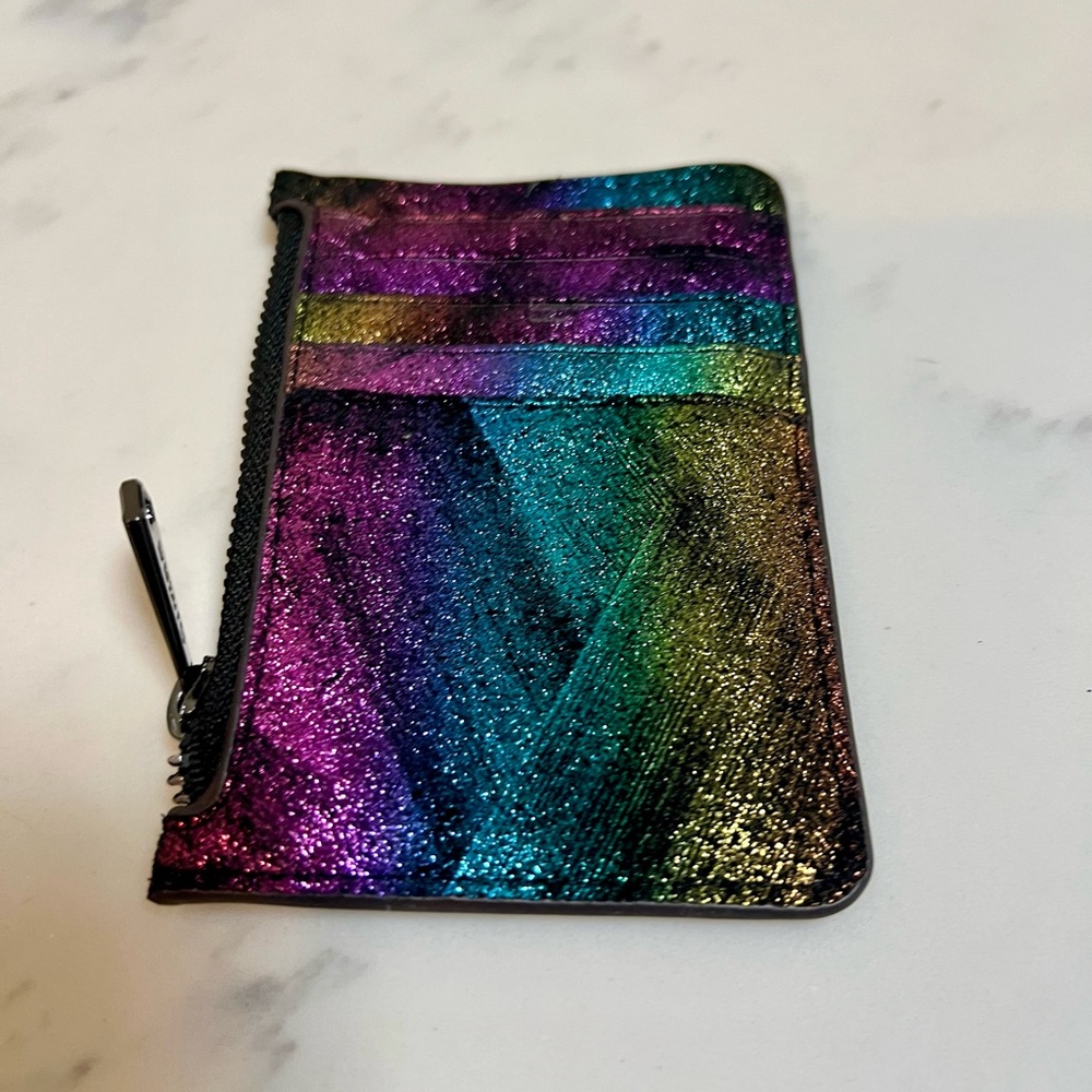 Aimee Kestenberg multicolor rainbow card wallet approx 5 x 3.5 inches.